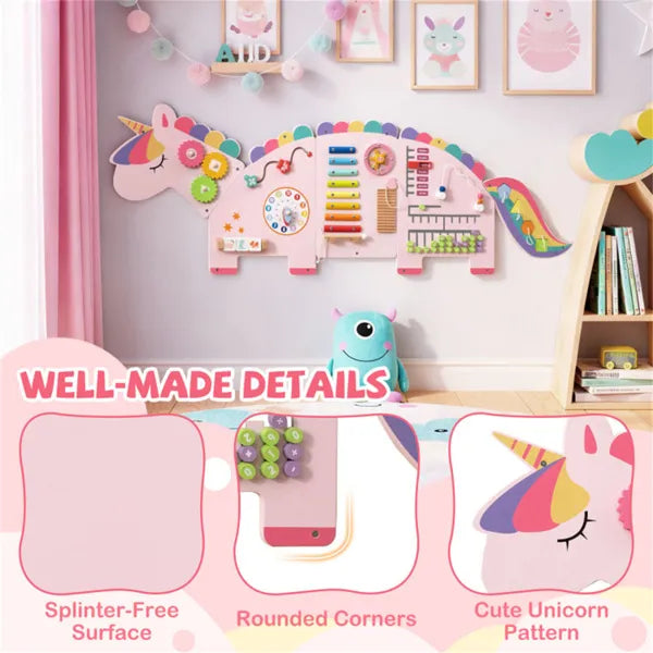 11-in-1 Dinosaur Busy Board - Wooden Sensory Activity Panel (Pink)