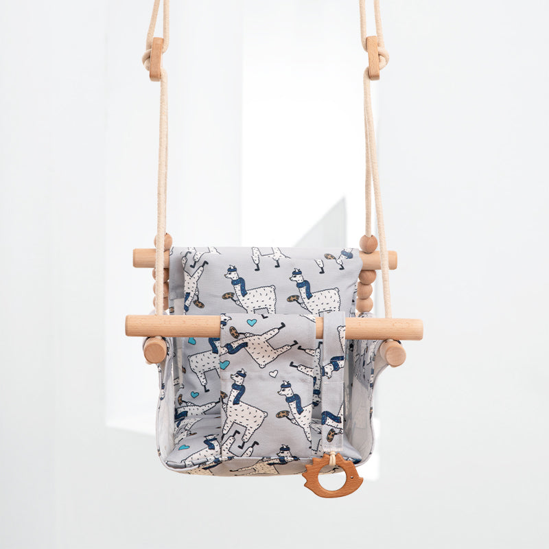 Canvas Baby Swing - Wooden Hanging Seat with Safety Belt (Taupe Gray)