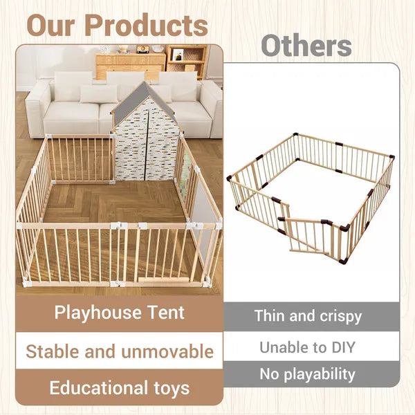 Natural Wood Baby Playpen - 10 Panel Foldable Play Yard with Toys