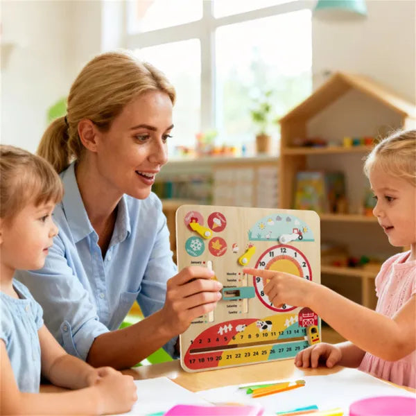 Montessori Wooden Time Learning Clock - Calendar Weather Educational Toy