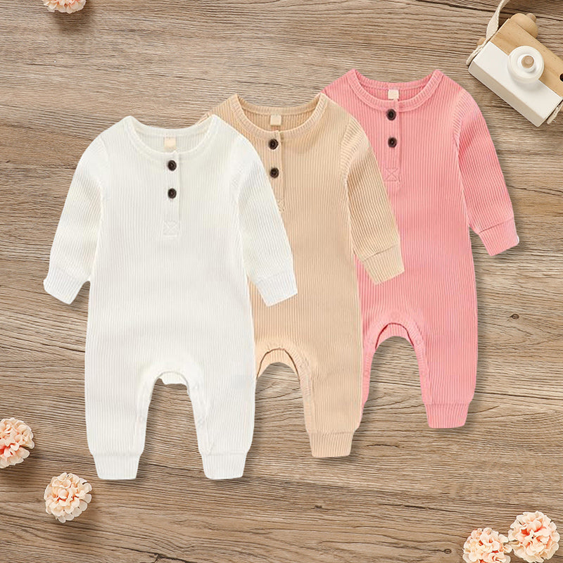 3-Pack Newborn Ribbed Romper - Long Sleeve Button Front Jumpsuit