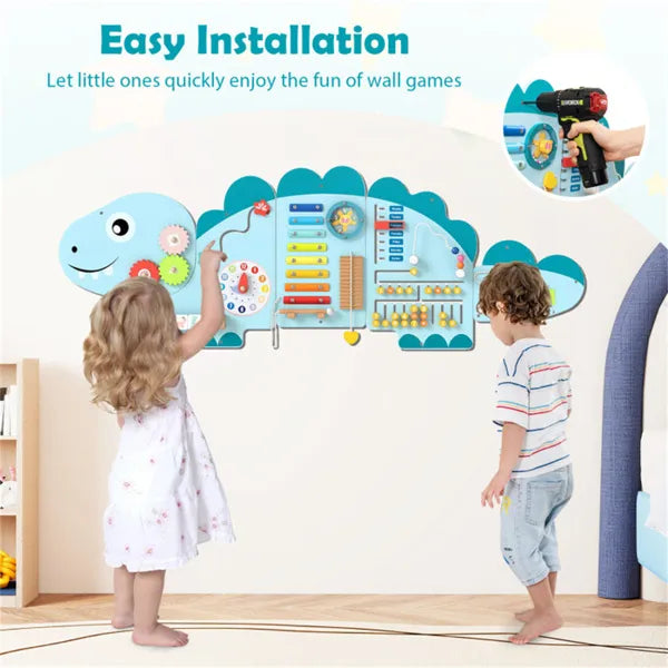 11-in-1 Dinosaur Busy Board - Wooden Sensory Activity Panel (Blue)