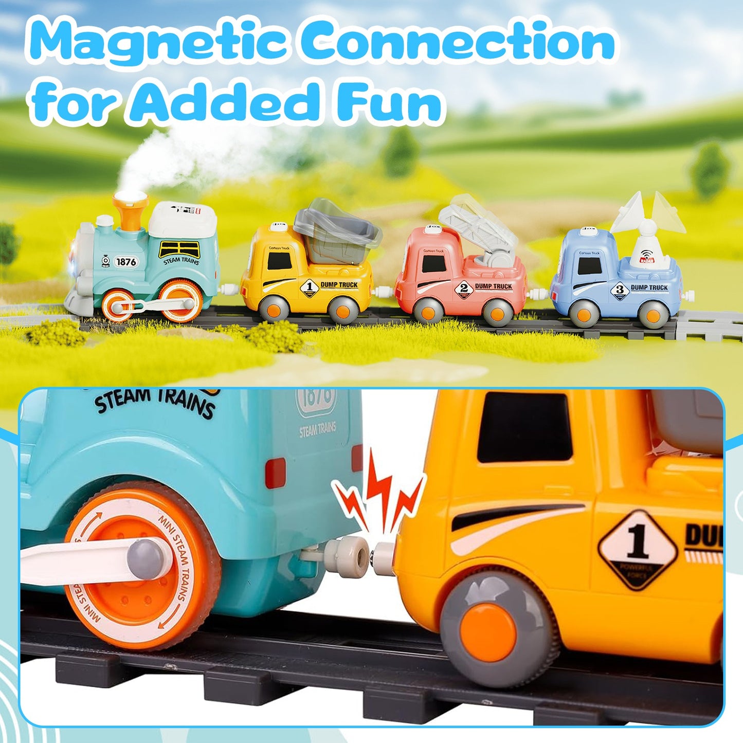 Electric Train Set with Smoke, Light & Sound - Magnetic Locomotive Toy
