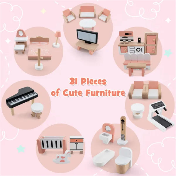 3-Tier Wooden Dollhouse with 7 Rooms & 31 Furniture Pieces