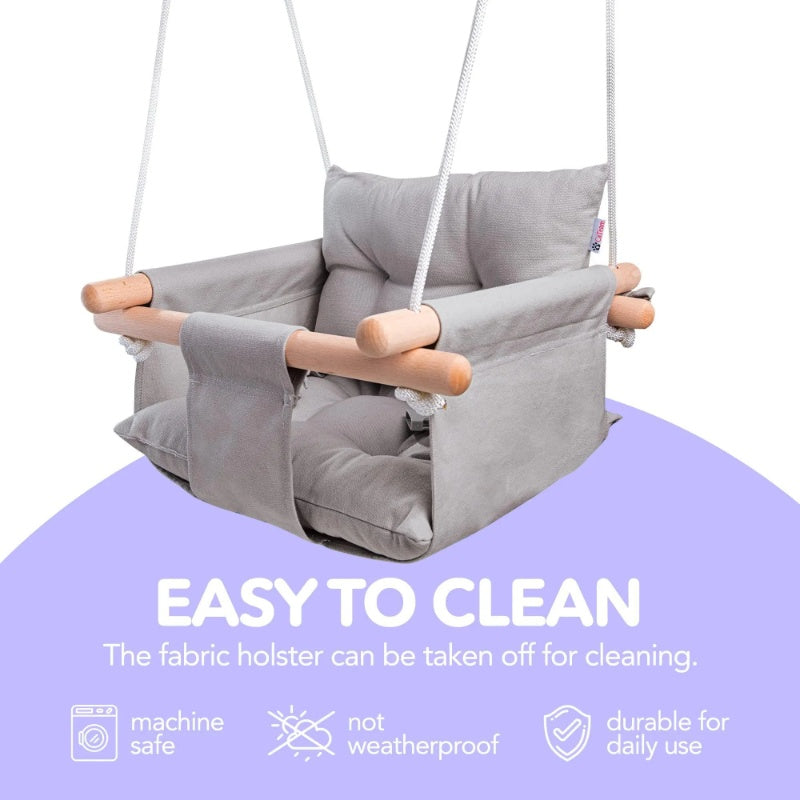 Canvas Baby Swing - Wooden Hanging Swing Seat with Safety Belt (Taupe Gray)