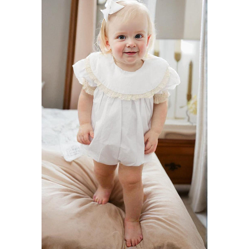 Baby Girl White Lace Romper - Soft Short Sleeve Bubble Jumpsuit