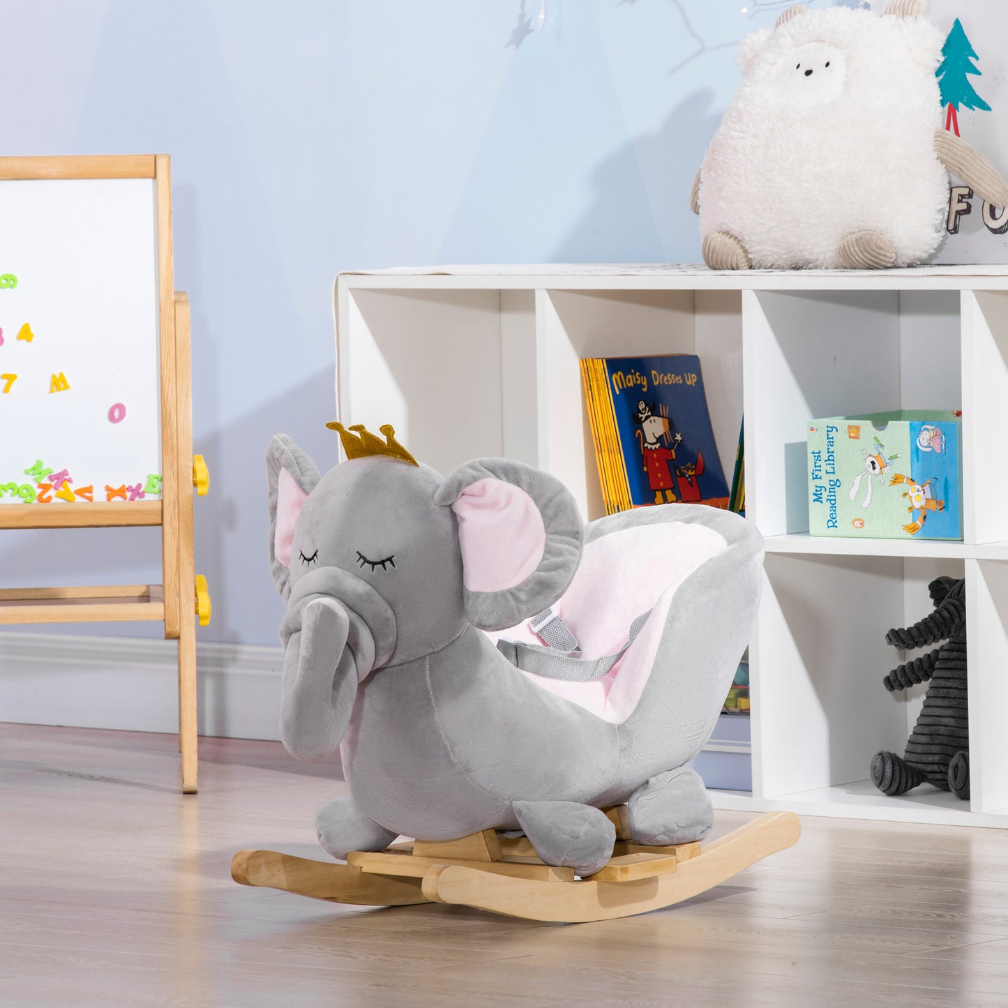 Baby Rocking Horse Elephant - Wooden Rocker with Sound & Safety Belt (Gray)
