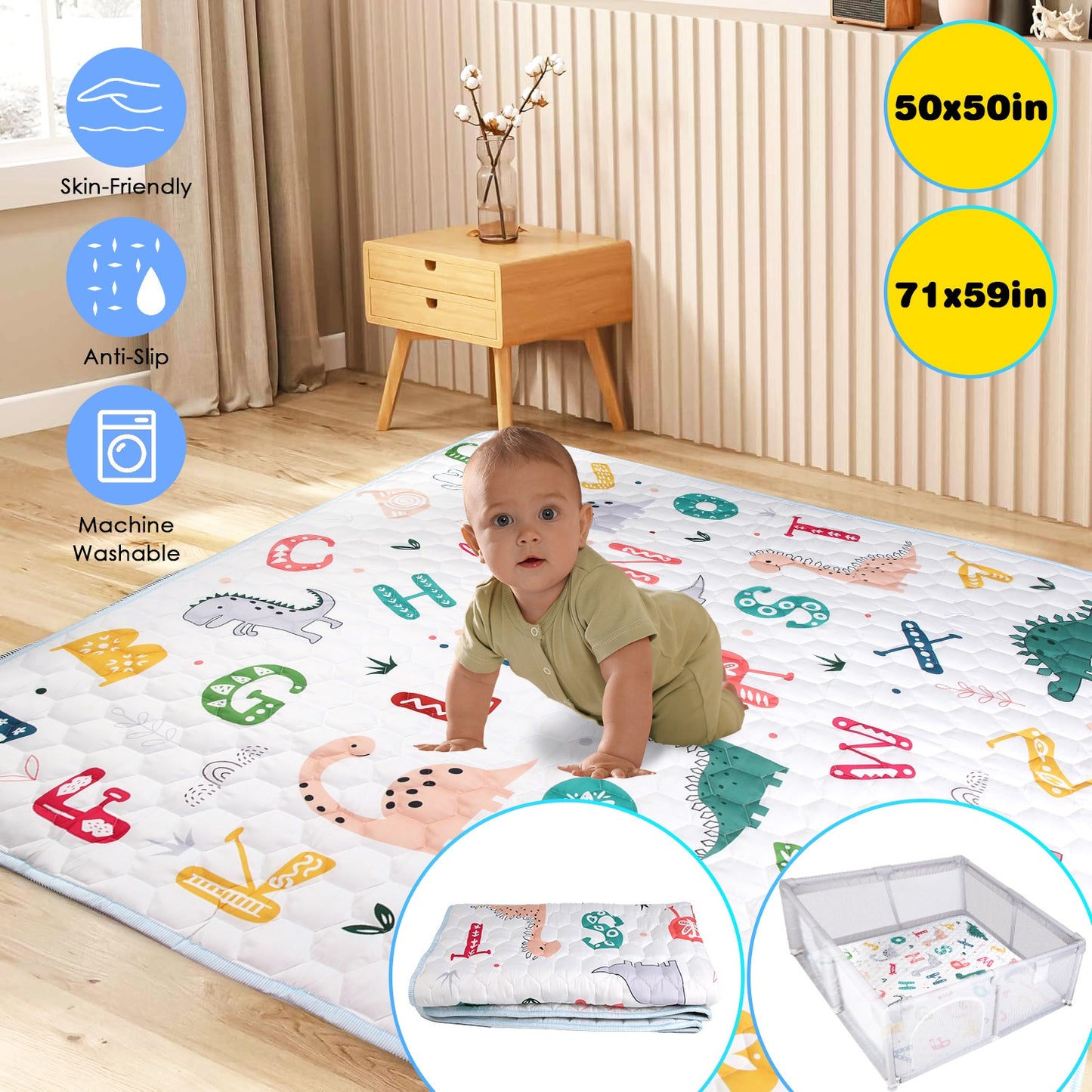 Baby Play Mat - Non-Slip Foldable Crawling Mat (71x59" or 50x50")