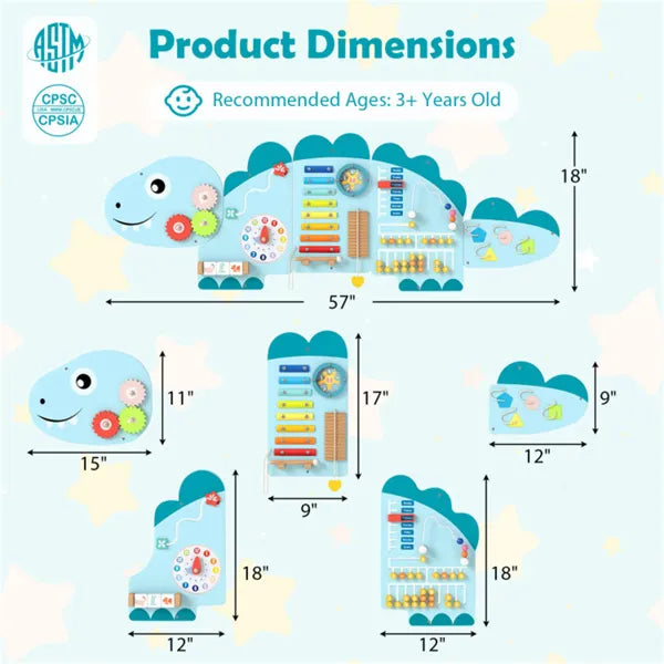 11-in-1 Dinosaur Busy Board - Wooden Sensory Activity Panel (Blue)
