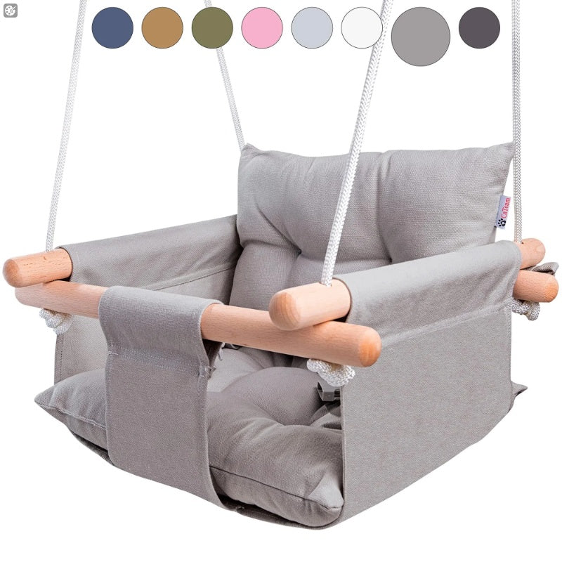 Canvas Baby Swing - Wooden Hanging Swing Seat with Safety Belt (Taupe Gray)