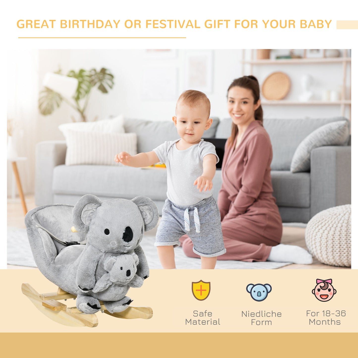 Kids Ride-On Rocking Horse - Koala-Shaped Rocker with Sounds (Gray, Ages 18-36 Months)