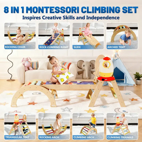 7-in-1 Foldable Montessori Climbing Triangle Set - Wooden Play Gym