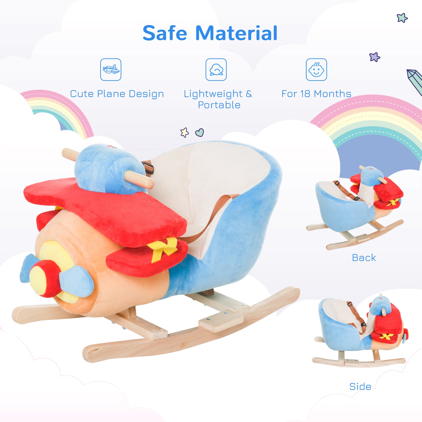 Kids Rocking Horse - Wooden Plush Plane Chair with Lullaby & Seat Belt (18 Months+)