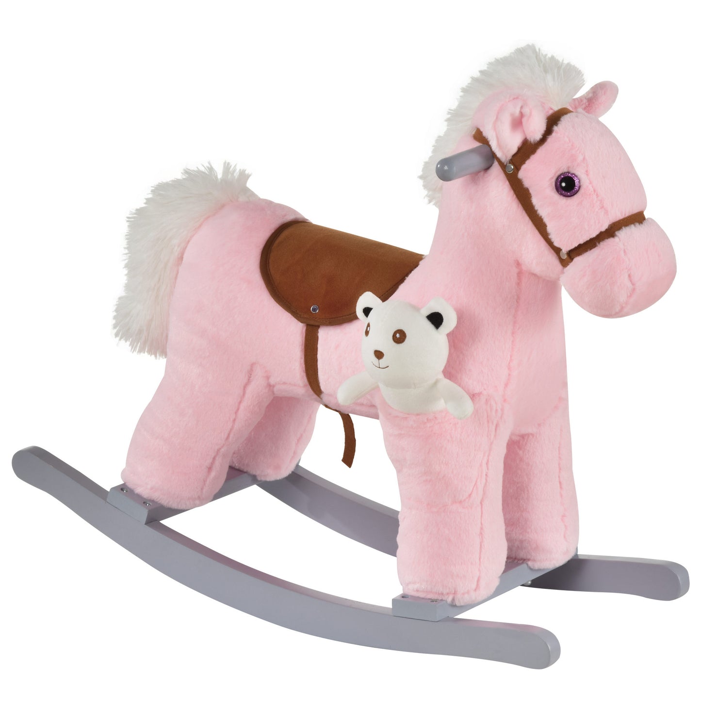 Kids Plush Ride-On Rocking Horse - Pink Bear with Realistic Sounds