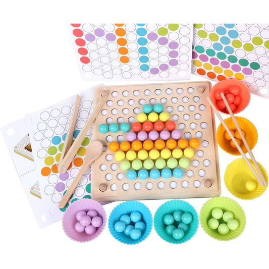 Wooden Peg Board Beads Game - Montessori Color Sorting Stacking Toy