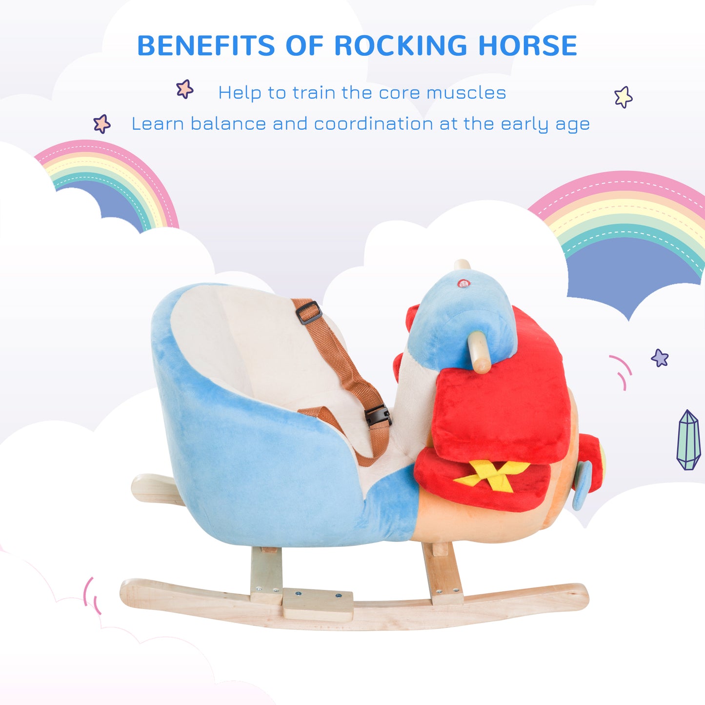 Kids Rocking Horse - Wooden Plush Plane Chair with Lullaby & Seat Belt (18 Months+)