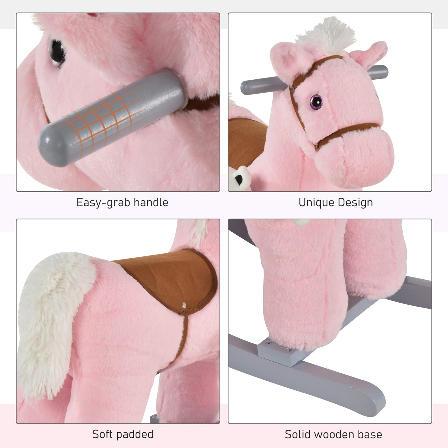 Kids Plush Ride-On Rocking Horse - Pink Bear with Realistic Sounds