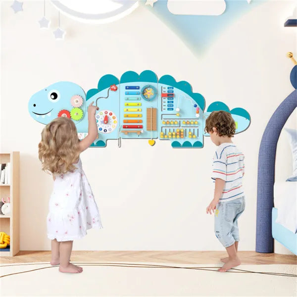 11-in-1 Dinosaur Busy Board - Wooden Sensory Activity Panel (Blue)