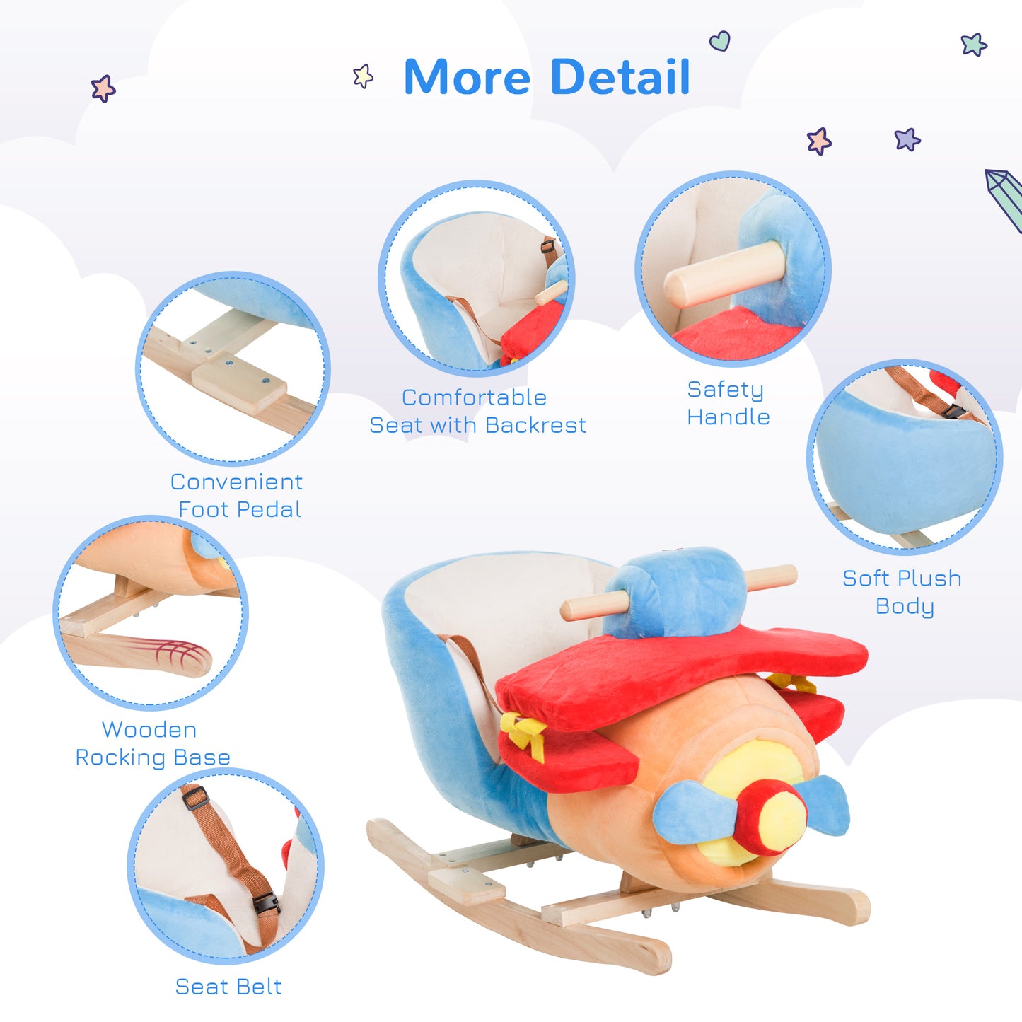 Kids Rocking Horse - Wooden Plush Plane Chair with Lullaby & Seat Belt (18 Months+)