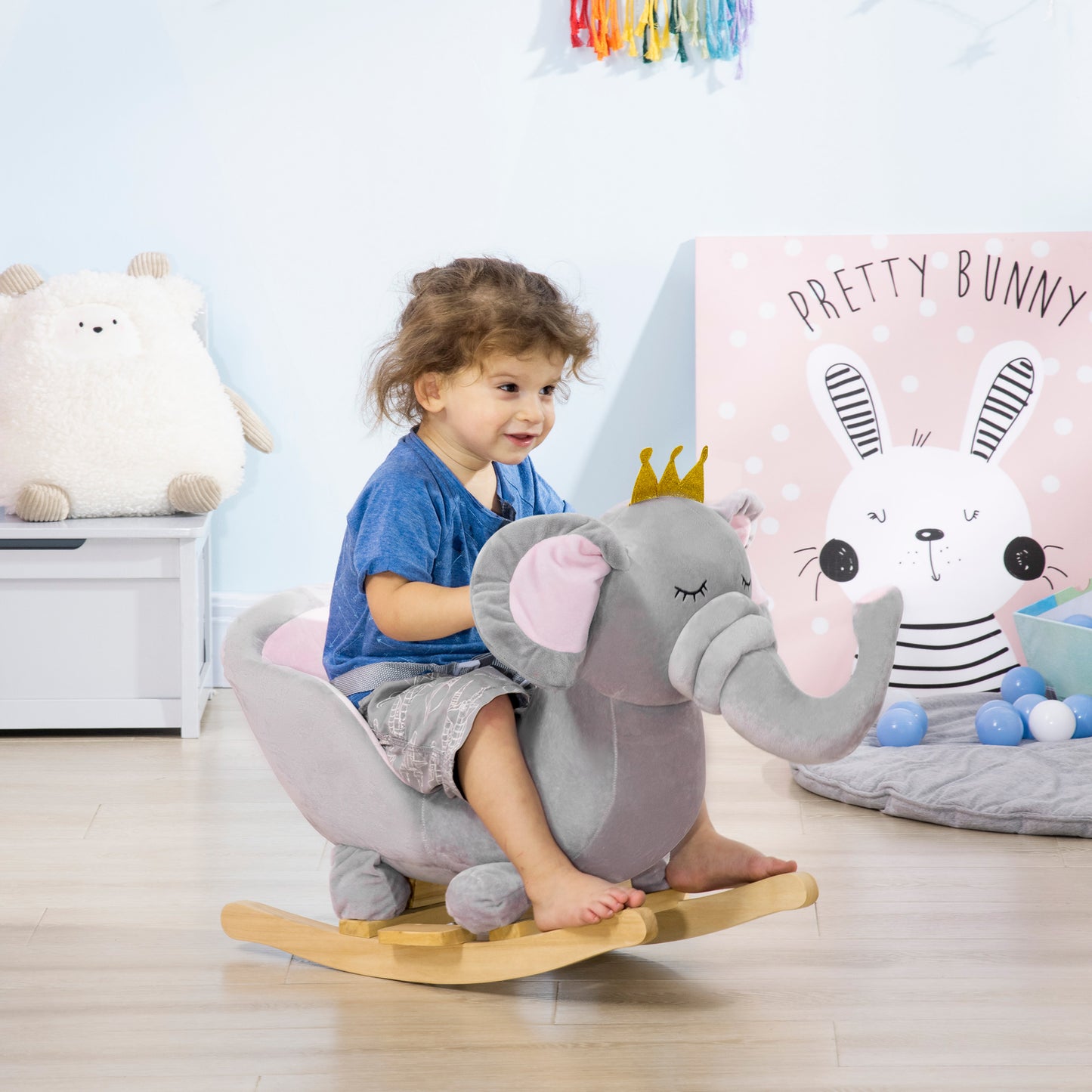 Baby Rocking Horse Elephant - Wooden Rocker with Sound & Safety Belt (Gray)