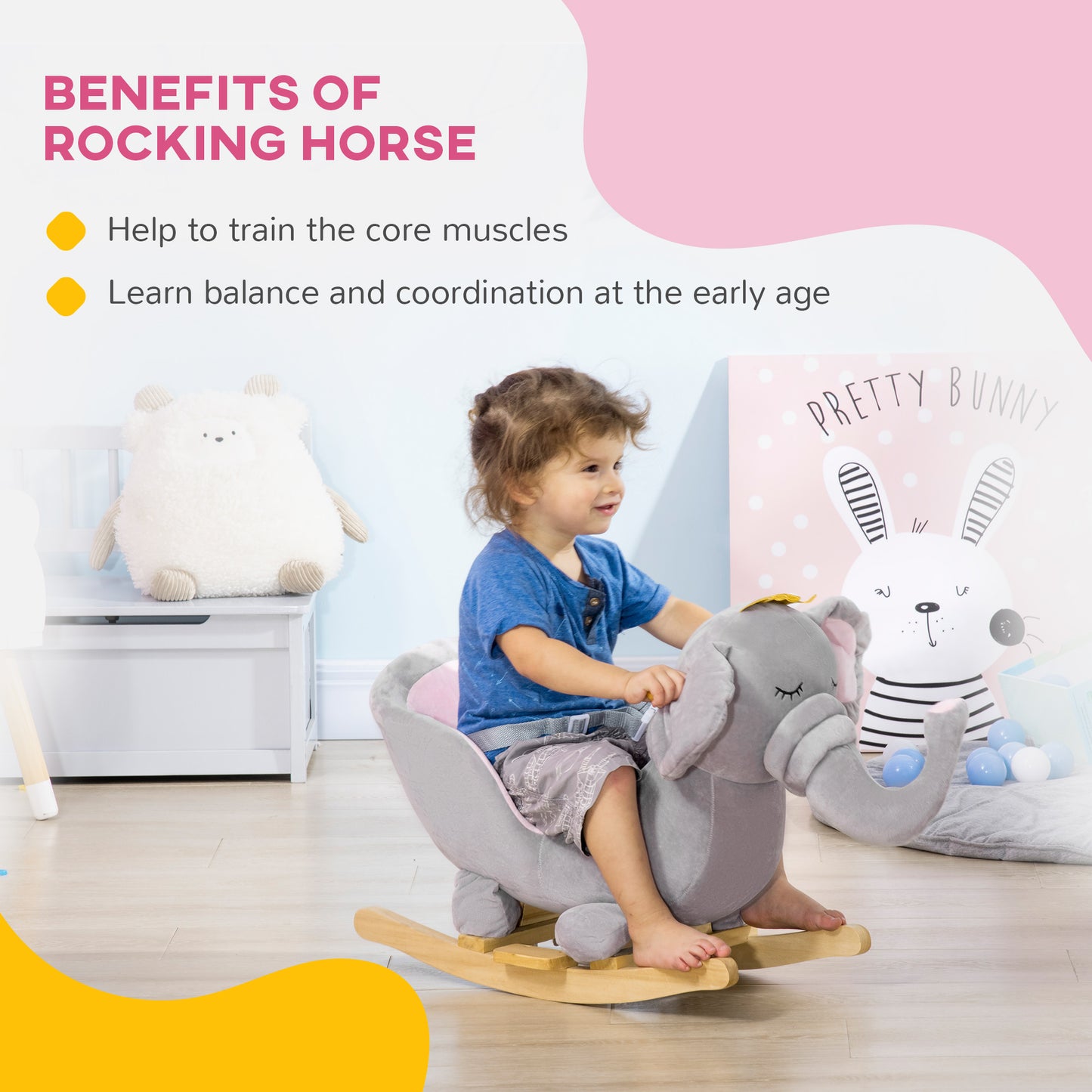 Baby Rocking Horse Elephant - Wooden Rocker with Sound & Safety Belt (Gray)