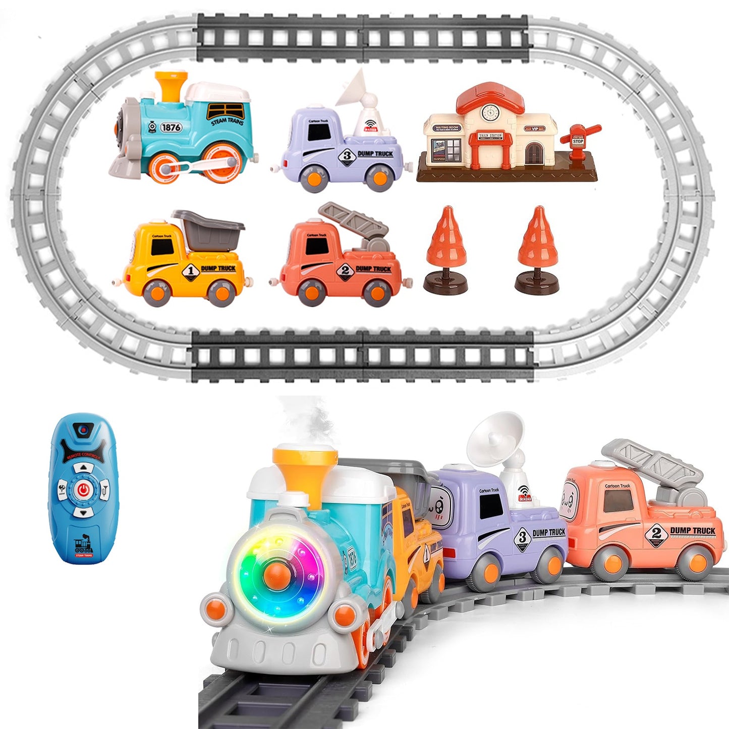 Electric Train Set with Smoke, Light & Sound - Magnetic Locomotive Toy