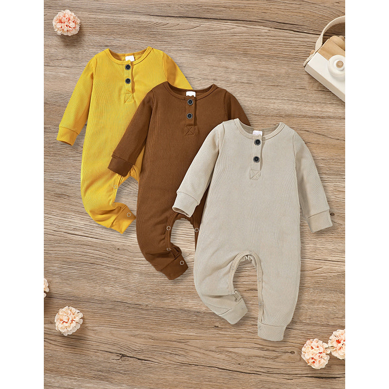3-Pack Newborn Ribbed Romper - Long Sleeve Button Front Jumpsuit