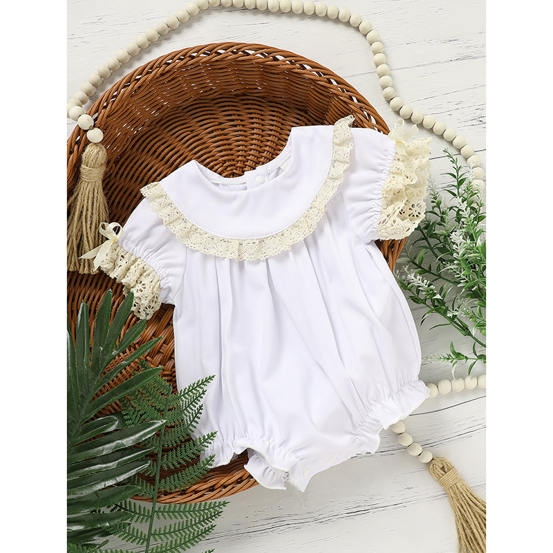 Baby Girl White Lace Romper - Soft Short Sleeve Bubble Jumpsuit