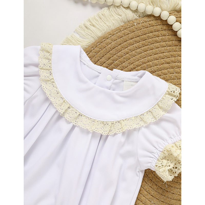 Baby Girl White Lace Romper - Soft Short Sleeve Bubble Jumpsuit