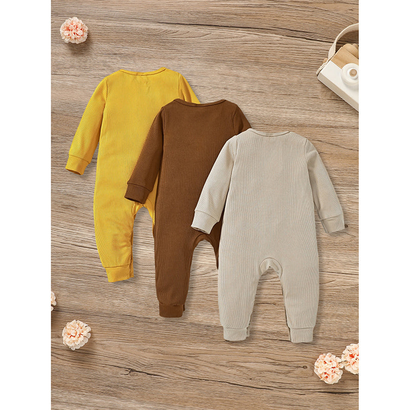 3-Pack Newborn Ribbed Romper - Long Sleeve Button Front Jumpsuit