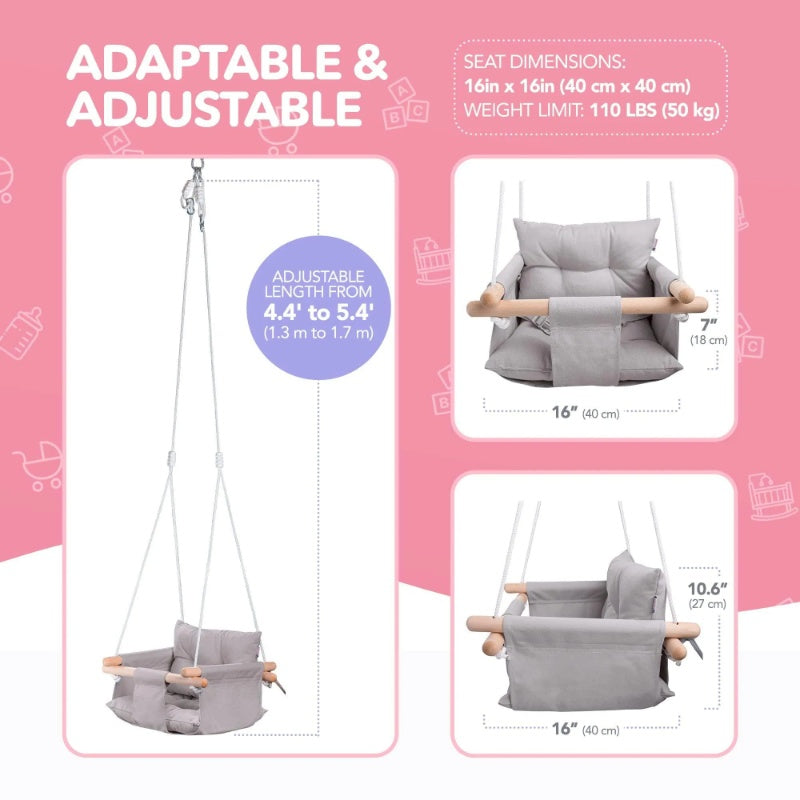 Canvas Baby Swing - Wooden Hanging Swing Seat with Safety Belt (Taupe Gray)