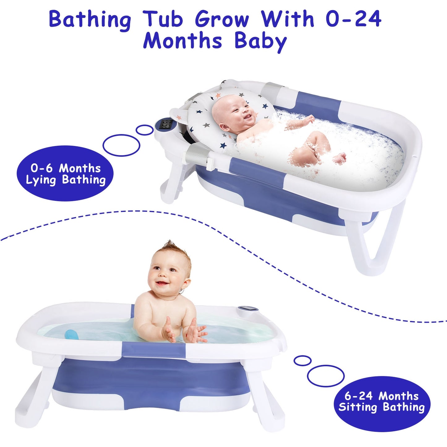 Baby Bath Tub with Thermometer - Collapsible Travel-Friendly (0-24 Months)