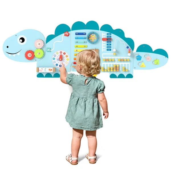 11-in-1 Dinosaur Busy Board - Wooden Sensory Activity Panel (Blue)