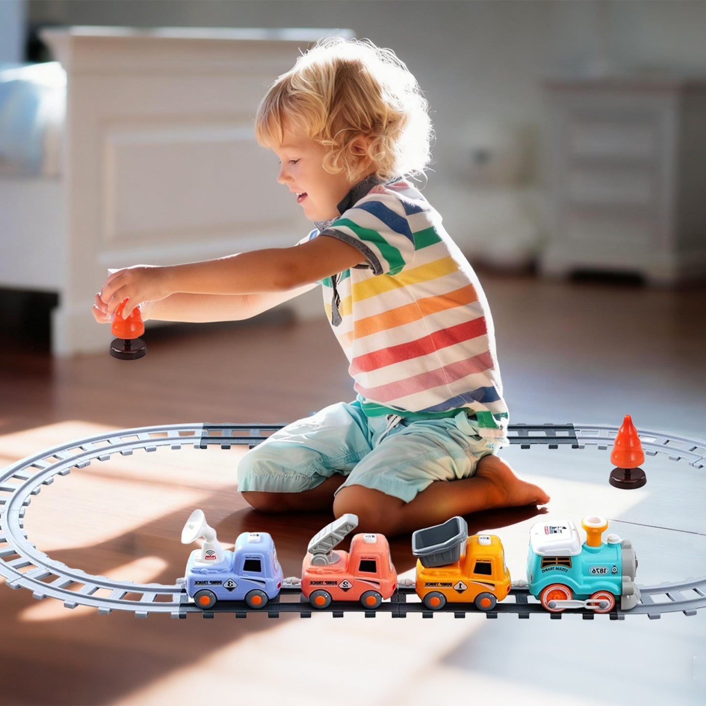 Electric Train Set with Smoke, Light & Sound - Magnetic Locomotive Toy