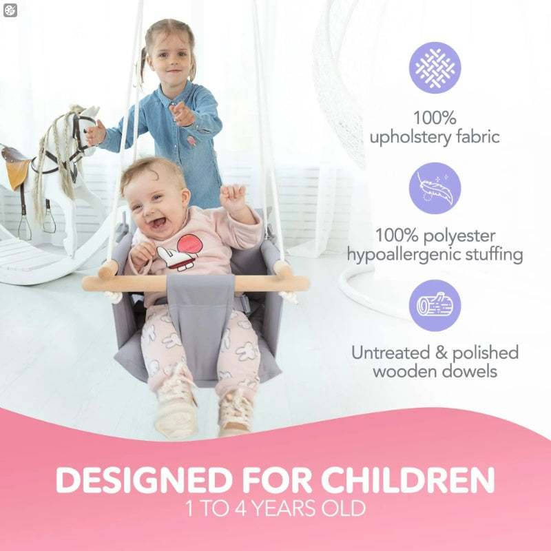 Canvas Baby Swing - Wooden Hanging Swing Seat with Safety Belt (Taupe Gray)