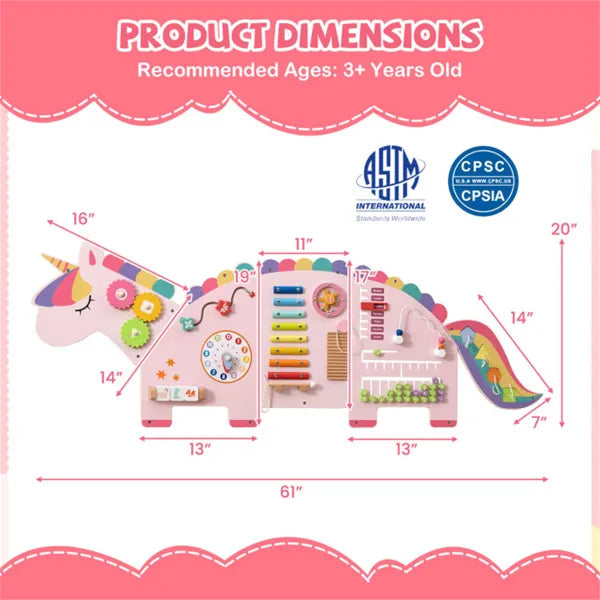 11-in-1 Dinosaur Busy Board - Wooden Sensory Activity Panel (Pink)