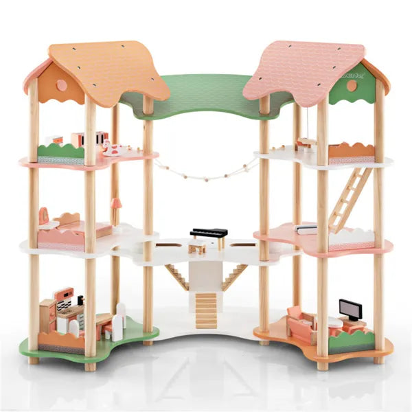 3-Tier Wooden Dollhouse with 7 Rooms & 31 Furniture Pieces