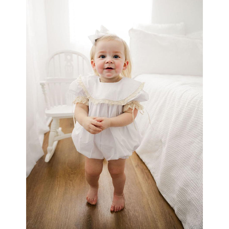 Baby Girl White Lace Romper - Soft Short Sleeve Bubble Jumpsuit