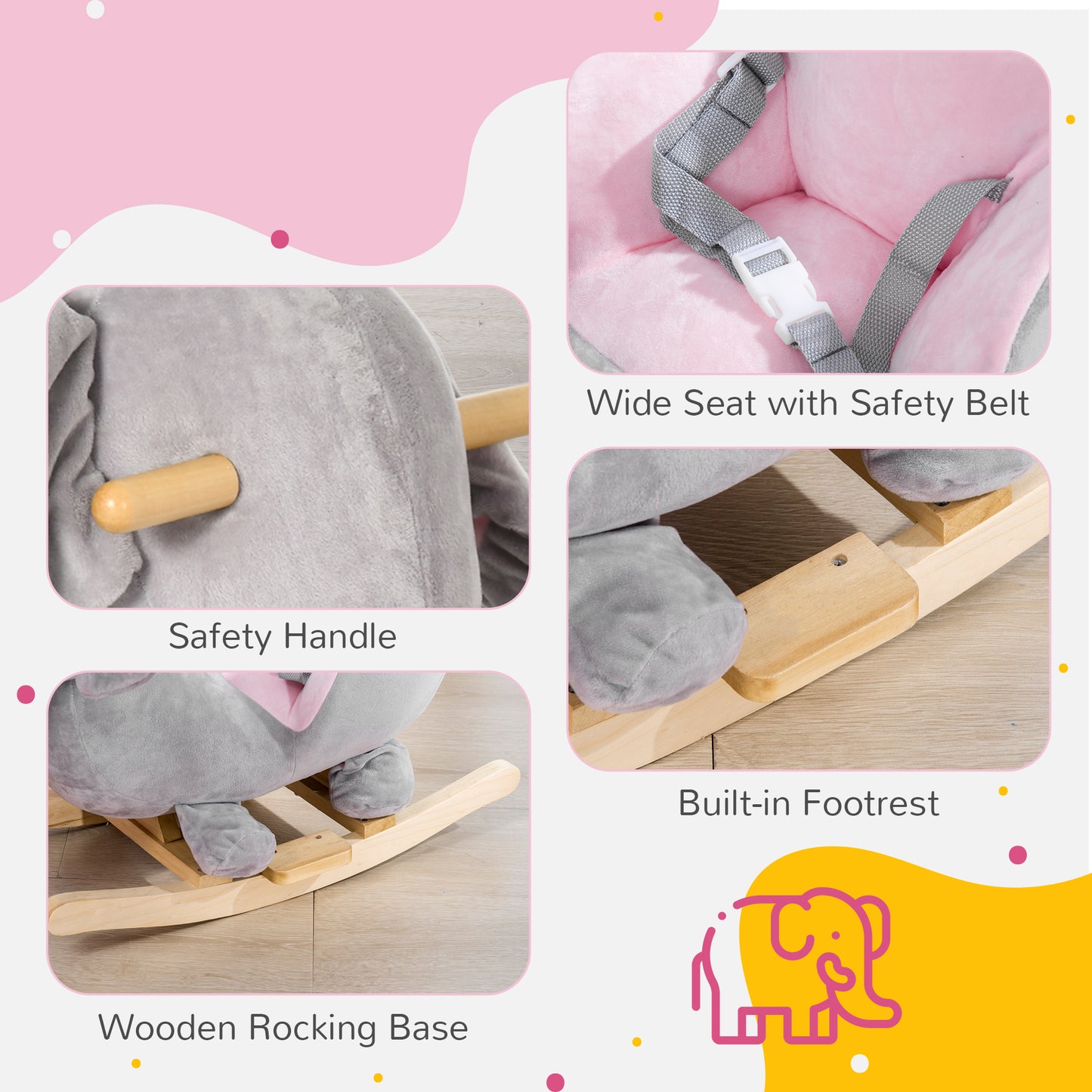 Baby Rocking Horse Elephant - Wooden Rocker with Sound & Safety Belt (Gray)
