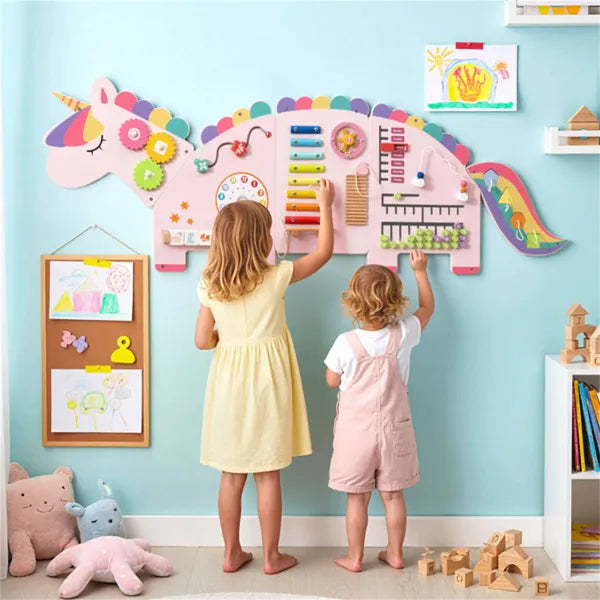 11-in-1 Dinosaur Busy Board - Wooden Sensory Activity Panel (Pink)