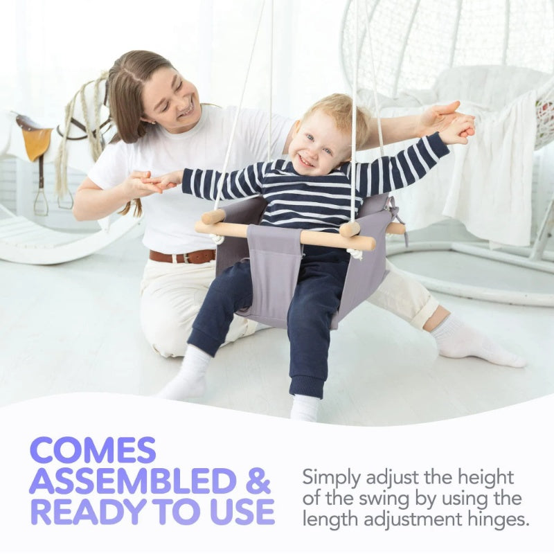 Canvas Baby Swing - Wooden Hanging Swing Seat with Safety Belt (Taupe Gray)