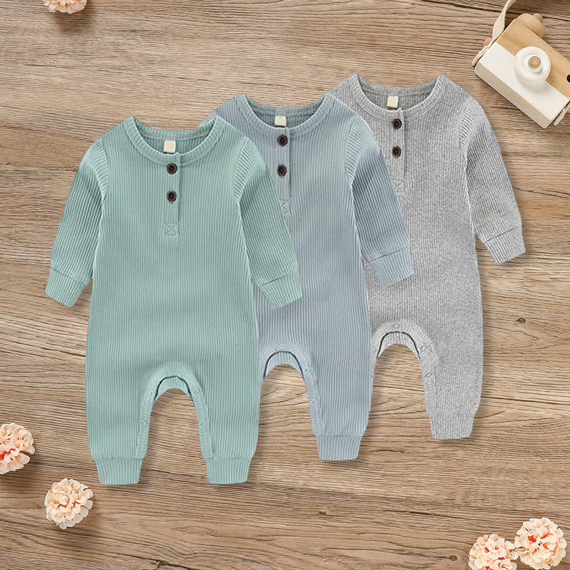 3-Pack Newborn Ribbed Romper - Long Sleeve Button Front Jumpsuit