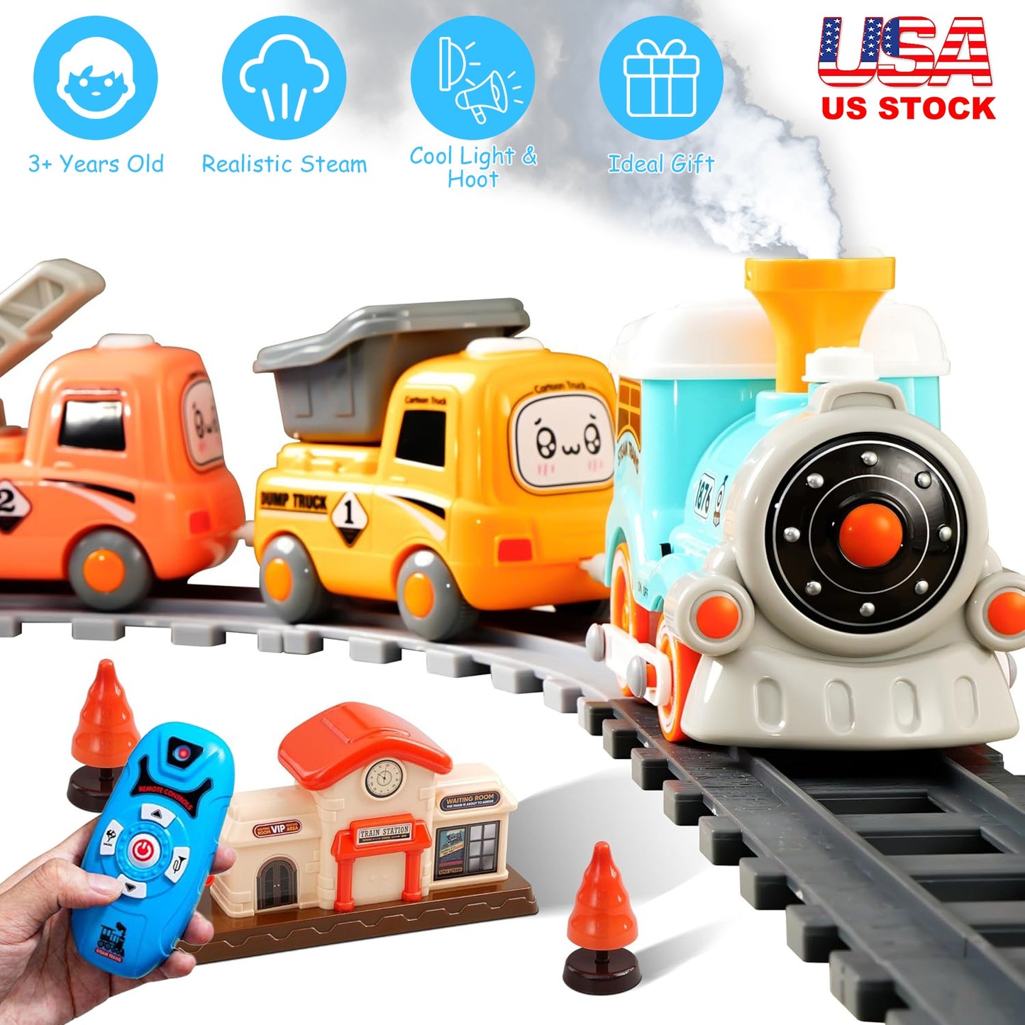 Electric Train Set with Smoke, Light & Sound - Magnetic Locomotive Toy