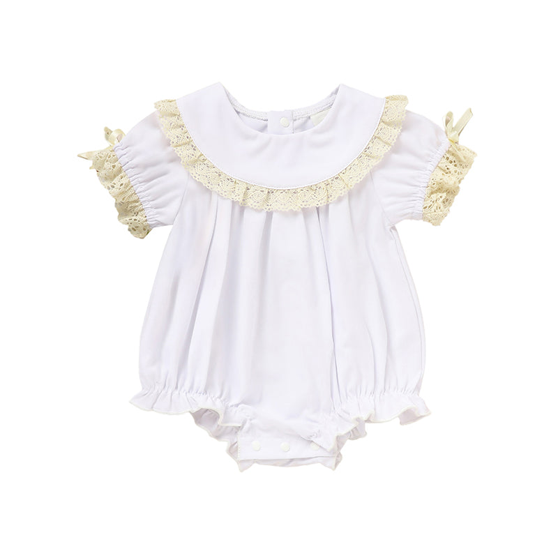 Baby Girl White Lace Romper - Soft Short Sleeve Bubble Jumpsuit