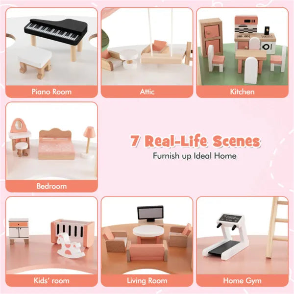 3-Tier Wooden Dollhouse with 7 Rooms & 31 Furniture Pieces