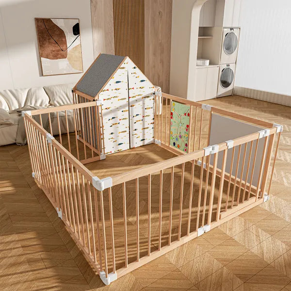 Natural Wood Baby Playpen - 10 Panel Foldable Play Yard with Toys