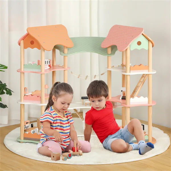 3-Tier Wooden Dollhouse with 7 Rooms & 31 Furniture Pieces