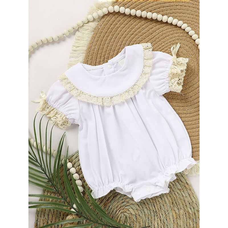 Baby Girl White Lace Romper - Soft Short Sleeve Bubble Jumpsuit