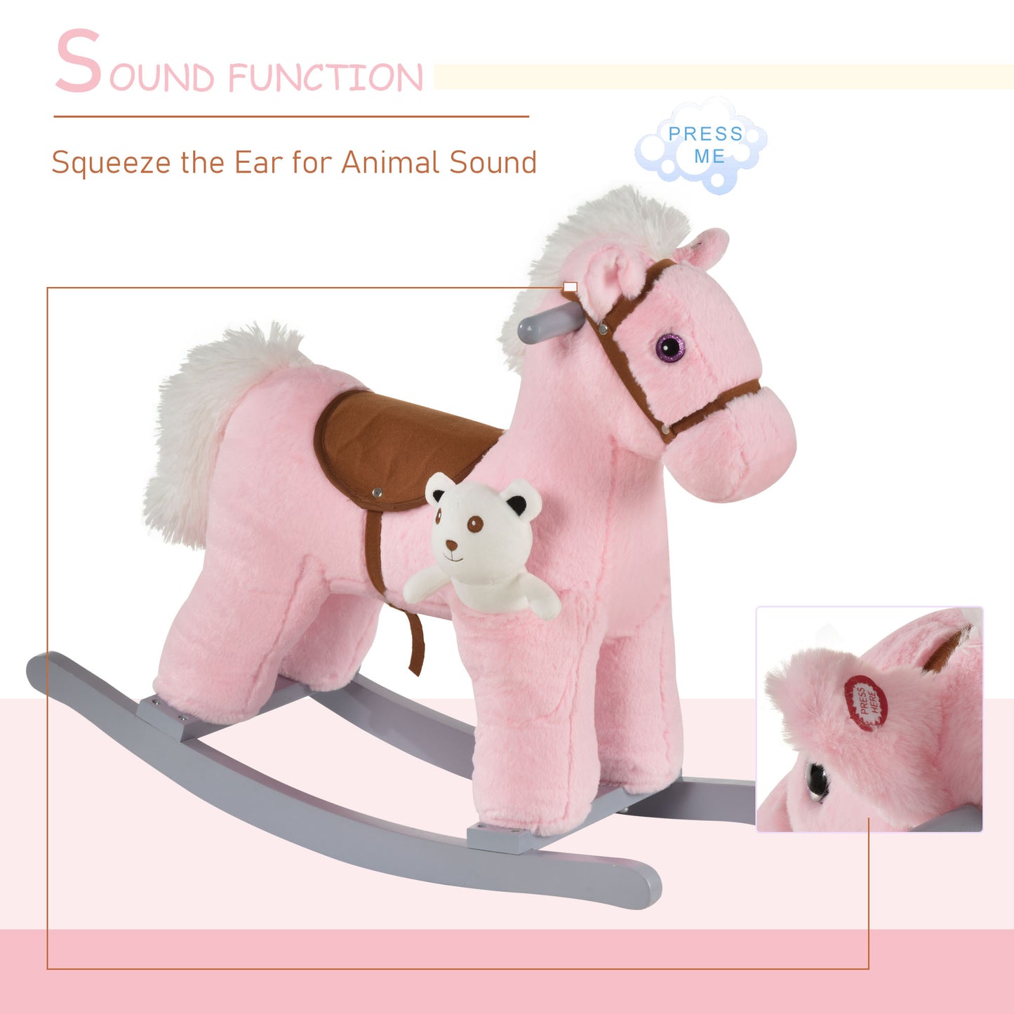 Kids Plush Ride-On Rocking Horse - Pink Bear with Realistic Sounds