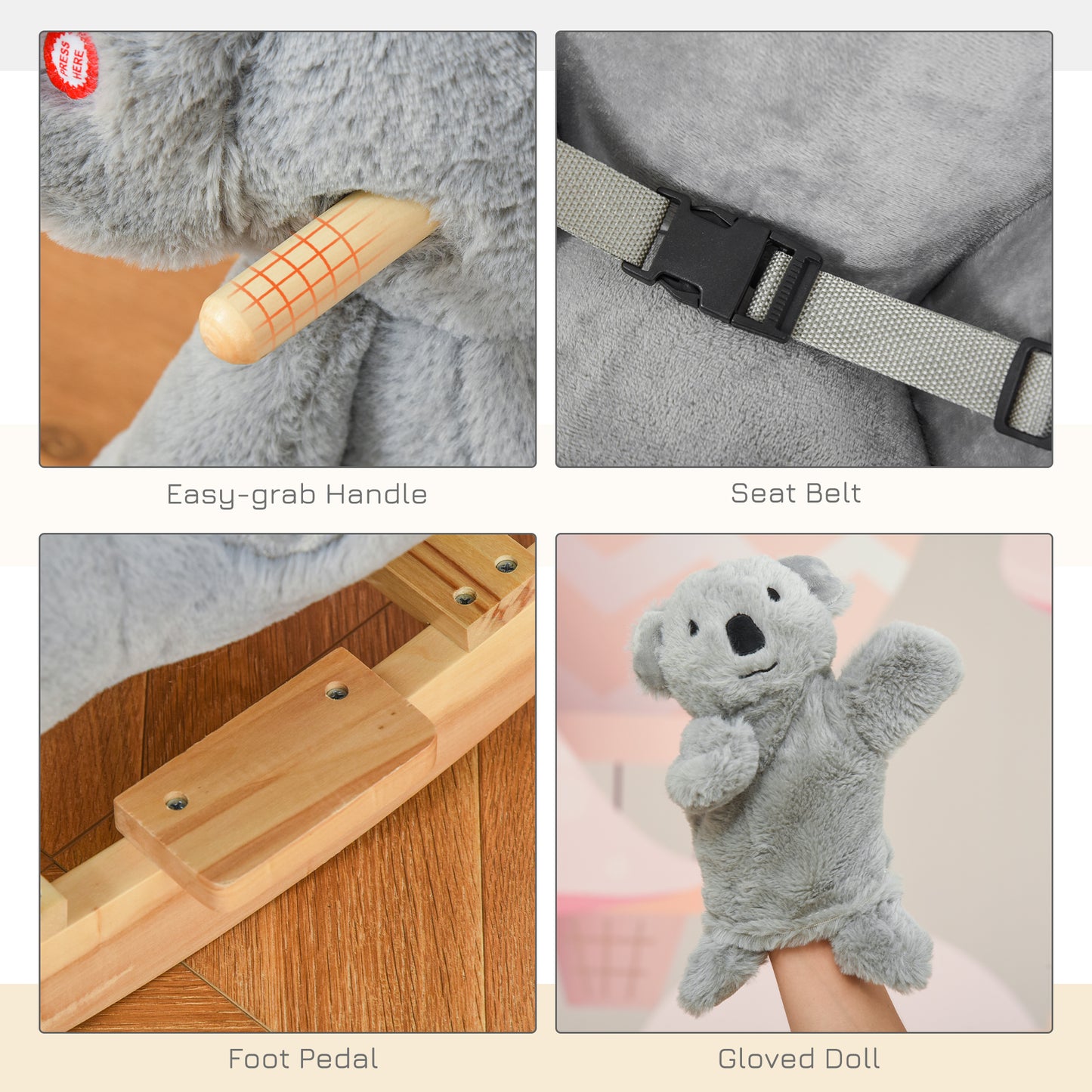 Kids Ride-On Rocking Horse - Koala-Shaped Rocker with Sounds (Gray, Ages 18-36 Months)